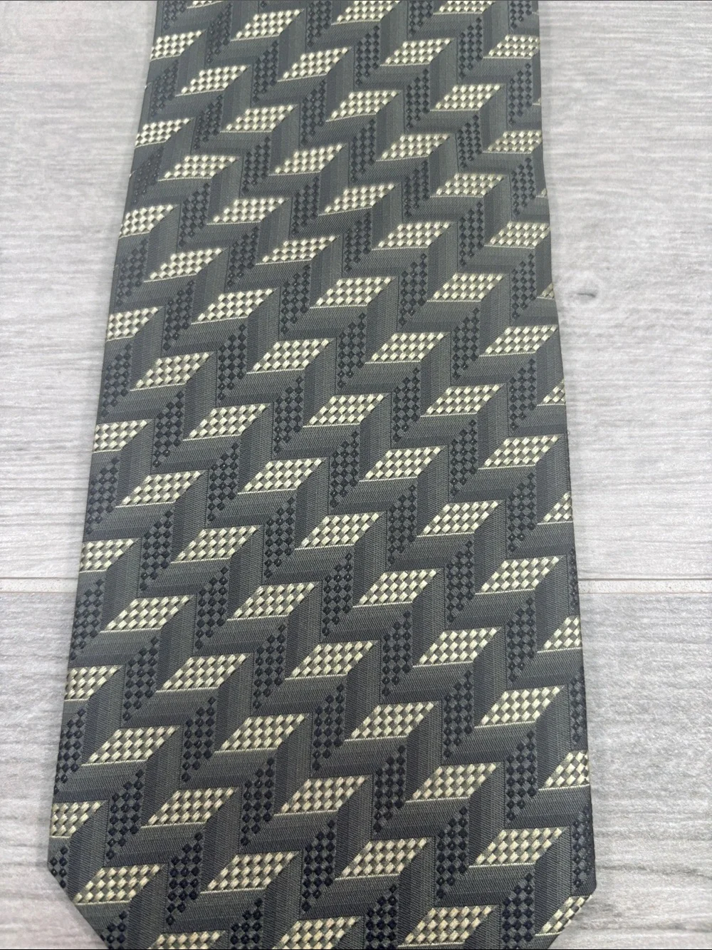 Valerio Garati Silk Tie Geometric 3D Optical Illusion Gray Khaki Gold Handmade